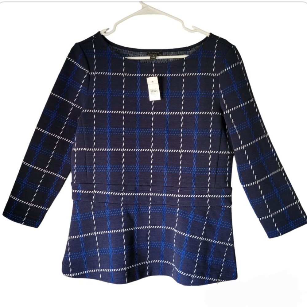 Ann Taylor Navy Blue Plaid Knit Top Women's Size M NWT